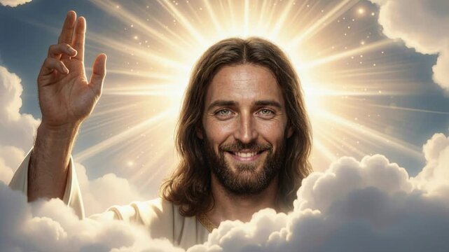 AI-generated religious video of smiling Jesus Christ in heaven, raising his hand in a warm blessing. This artwork represents the concept of faith, salvation