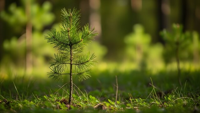 Young pine tree in a forest with blurred background - Powered by Adobe