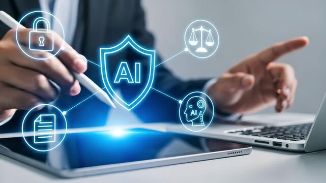 Artificial intelligence governance concept showing data security, ethics, and legal compliance motion animated video.