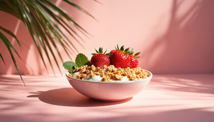 Pink bowl filled with yogurt topped with granola and fresh strawberries. Tropical palm leaves cast shadows on the pastel background. Light morning meal.