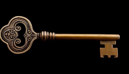 ornate vintage skeleton key with intricate details and antique brass finish isolated on black surface