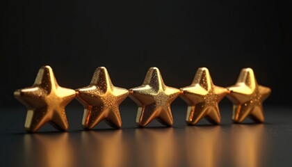 Five shiny gold stars in perfect row. Award for client satisfaction and service quality. Best ranking achievement for excellence. Success mark.