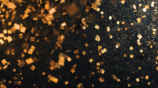 Golden confetti and glitter particles falling against a dark textured background Keywords: confetti, glitter, gold, photo