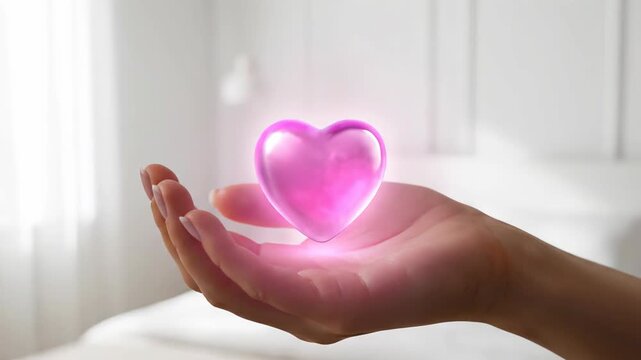 Glowing Pink Heart Floating Above Human Hand in Soft Light