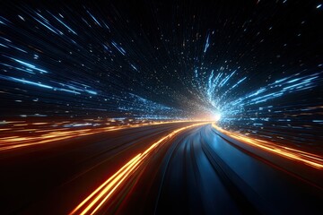 Futuristic tunnel of speed, with glowing lines and particles, bright light at the end