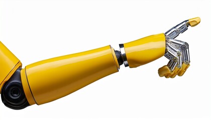 yellow robotic hand holding a bitcoin isolated no background