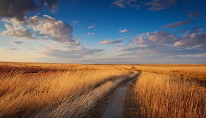 Fototapeta premium The Background Shows Vast Open Fields With Tall Dry Grass With A Craft Road The Sky Is Soft Blue With Diffuse Clouds Bathed In Warm Golden Light The Artistic Style Is Semi Realistic With A Paint