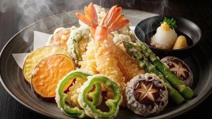 Delicious tempura shrimp with vegetables on a plate for National Tempura Day