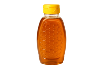 Natural Honey Bottle with Golden Liquid and Yellow Cap Isolated on a Transparent Background
