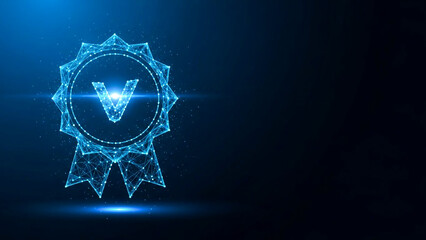 Futuristic glowing blue victory badge with a checkmark symbol on a