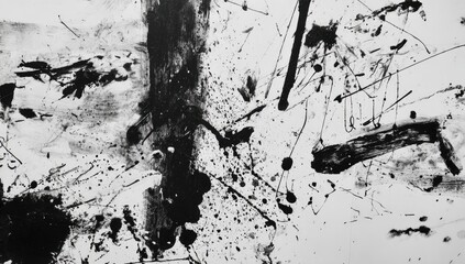 Black ink splatters and strokes on a white background create a dynamic, abstract composition