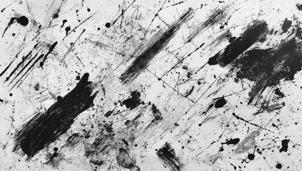 Abstract black paint strokes and splatters against a stark white backdrop create a dynamic composition