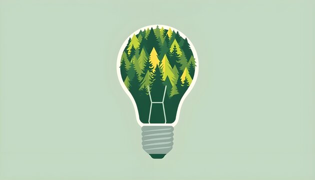 A clean and minimalist vector illustration, featuring a lush pine forest growing inside a transparent light bulb, symbolizing renewable energy, the environment, and eco-friendly technology.