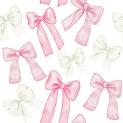Watercolor seamless pattern with pink white ribbon bows. Soft hand painted repeating background perfect for wrapping paper, textile, baby shower, wedding design, scrapbook, and romantic holiday