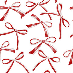 Watercolor seamless pattern with red ribbon bows. Festive hand painted background perfect for wrapping paper, textile, scrapbook, holiday prints, and Christmas design projects.