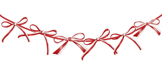 Watercolor red bow garland with elegant ribbon bows connected in festive string. Hand painted holiday decoration isolated on transparent background for Christmas designs, banners, and cards.