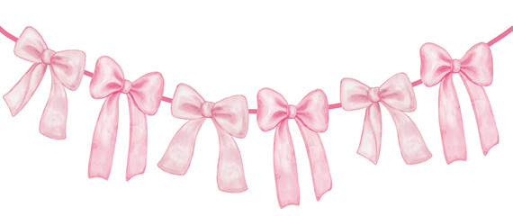 Watercolor pink bow garland with soft pastel ribbon bows. Romantic festive decoration isolated on transparent background, perfect for baby shower, wedding, birthday, and holiday designs