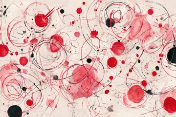 Abstract composition featuring red, black, and grey circles, lines, and splatters on a light background