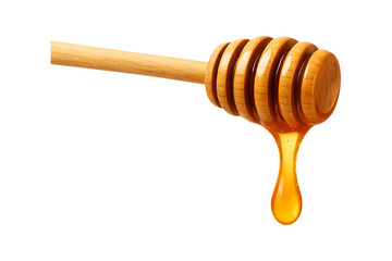 Wooden Honey Dipper with Golden Honey Dripping Isolated on a Transparent Background