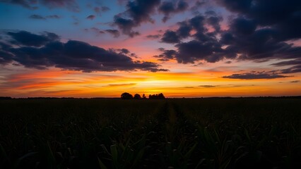 Silhouette of trees against a vibrant sunset with orange yellow and purple hues in the sky