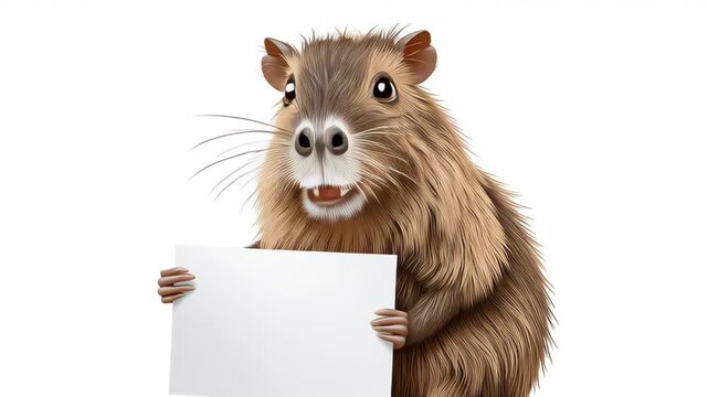 A cute brown rodent holding a white piece of paper. The rodent is holding the paper in its mouth, and it is holding it up to show it off. Concept of playfulness and curiosity