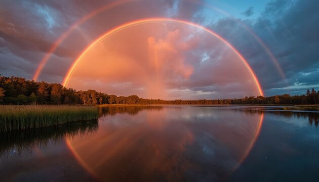 Double rainbow arcs over still lake at dusk. Warm light reflects on water surface. Lush forest borders tranquil scene. Evening sky glows with sunset hues.