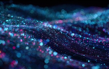 Abstract composition of curving, glowing strands with scattered, colorful bokeh-style orbs