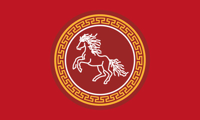 Rearing White Horse Emblem with Meander Border on Red