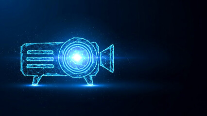 Futuristic Glowing Video Camera Icon with Polygonal Design and Lens