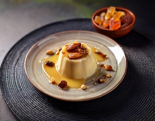 rich exotic dessert pudding crafted using authentic camel milk sweetened with honey and garnished with crushed nuts and dried fruit plate dessert rich