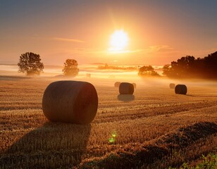 scenic sunrise over countryside featuring hay bales on misty field agricultural harvest season landscape perfect for rural themed designs