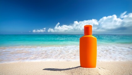 Sunscreen Bottle On Sandy Beach With Turquoise Ocean Background For Skincare Blogs Summer Vacations Sun Protection Awareness And Outdoor Lifestyle Websites
