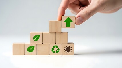 Wooden blocks with eco friendly symbols and hand building sustainable future concept