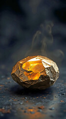 ancient golden gemstone with silver patina resting in dark atmospheric studio setting