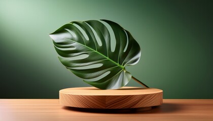 sleek wooden podium with single large monstera leaf placed artfully on top
