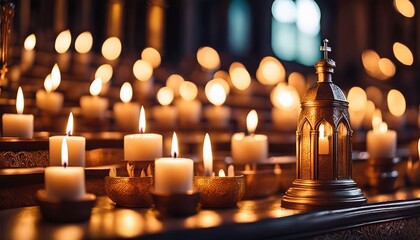 soft focus background of glowing church candles warm light and bokeh effect peaceful religious scene vintage prayer peace
