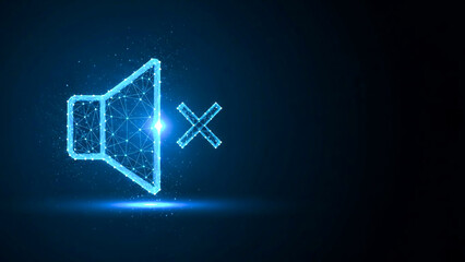 3D Glowing Mute Icon with Speaker and Cross Symbol on Dark Blue