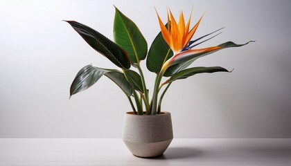 strelitzia plant in a ceramic pot on a clean white background studio shot studio minimalist