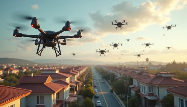 Multiple drones fly over suburban neighborhood at sunset. Autonomous aircraft navigate sky in orderly fashion above houses and road. Future tech logistics and transport are evolving rapidly.