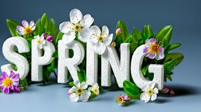A large white lettering of the word "spring" surrounded by a variety of flowers. The flowers are arranged in a way that creates a sense of growth and renewal