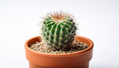 a tiny succulent cactus with sharp spines sits in a simple pot isolated on a clean white backdrop close up detail