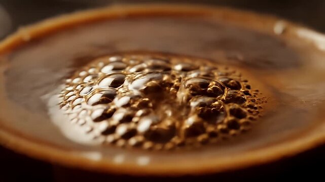 Closeup of steaming hot coffee in a rustic cup with swirling patterns on surface