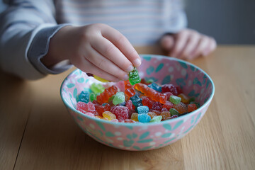 Delicious assortment of colorful candies being picked by child ideal bright playful sweet snack