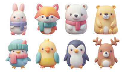 3D Claycarved Christmas Critters in Pastel Colors on Transparent Background