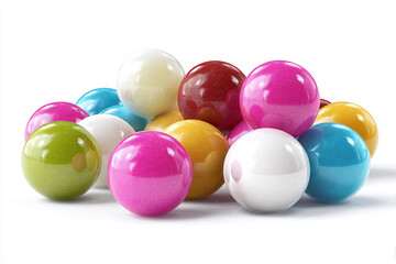 Realistic assorted candy balls arranged on pastel wooden table with vibrant colorful details
