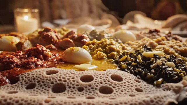 Ethiopian Cuisine Platter with Injera Bread and Diverse Stews