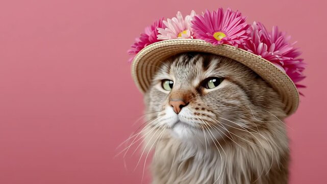 A cat wearing a flower hat is staring at the camera. The hat is pink and has a flower design. The cat's fur is long and fluffy, giving it a cute and playful appearance
