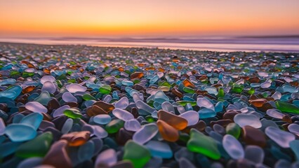 Vibrant sea glass beach at sunset with multicolored treasures