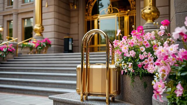 Golden luggage cart among blooming flowers by upscale hotel entrance steps