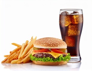 double cheeseburger with melting cheddar fresh lettuce tomato toasted sesame bun cola with ice crispy french fries isolated on white with copy space appetizing fast food meal concept